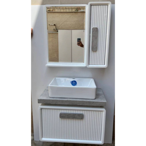 روشویی کابینتی pvc سفید صفحه طوسی بامبو سایز 60 در 2 رنگ سفید طوسی و مشکی آنتیک همراه با آینه و باکس ( پسکرایه)