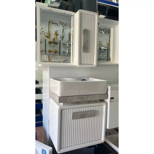 روشویی کابینتی pvc سفید طوسی سایز 50در35 همراه آینه و باکس