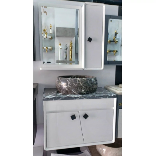 روشویی کابینتی pvc سفید دورب با صفحه سنگی روکار و توکار همراه آینه و باکس ابعاد 60در40