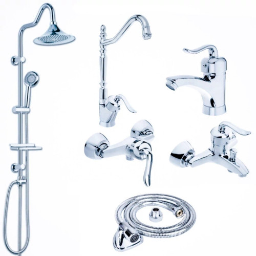 ست شیرآلات سارینا مدل بیزانس مجموعه 6 عددی کروم به همراه علم دوش دوکاره شیپوری و شلنگ سرویس بهداشتی