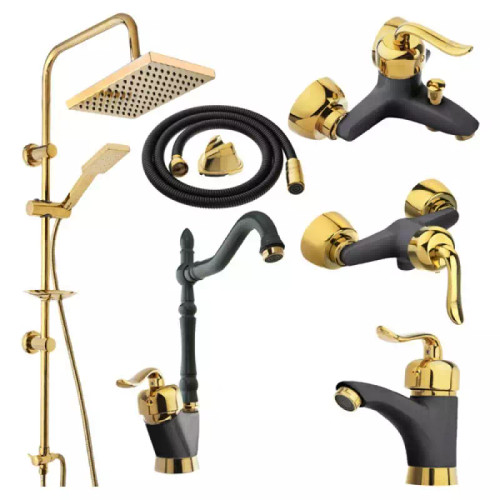 ست شیرآلات مشکی طلا مدل قاصدک با شلنگ توالت و علم دوش حمام دوکاره طلایی