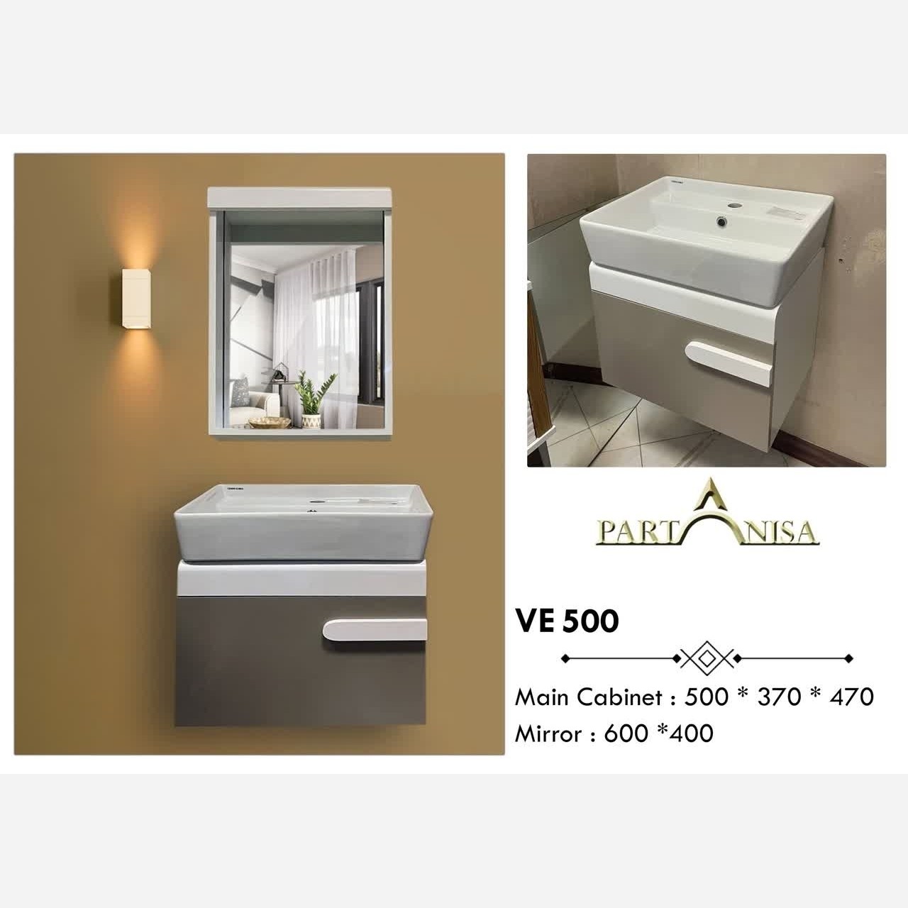 روشویی کابینتی پارتانیسا مدل ورونیا بدنه سفید درب طوسی کد VET500