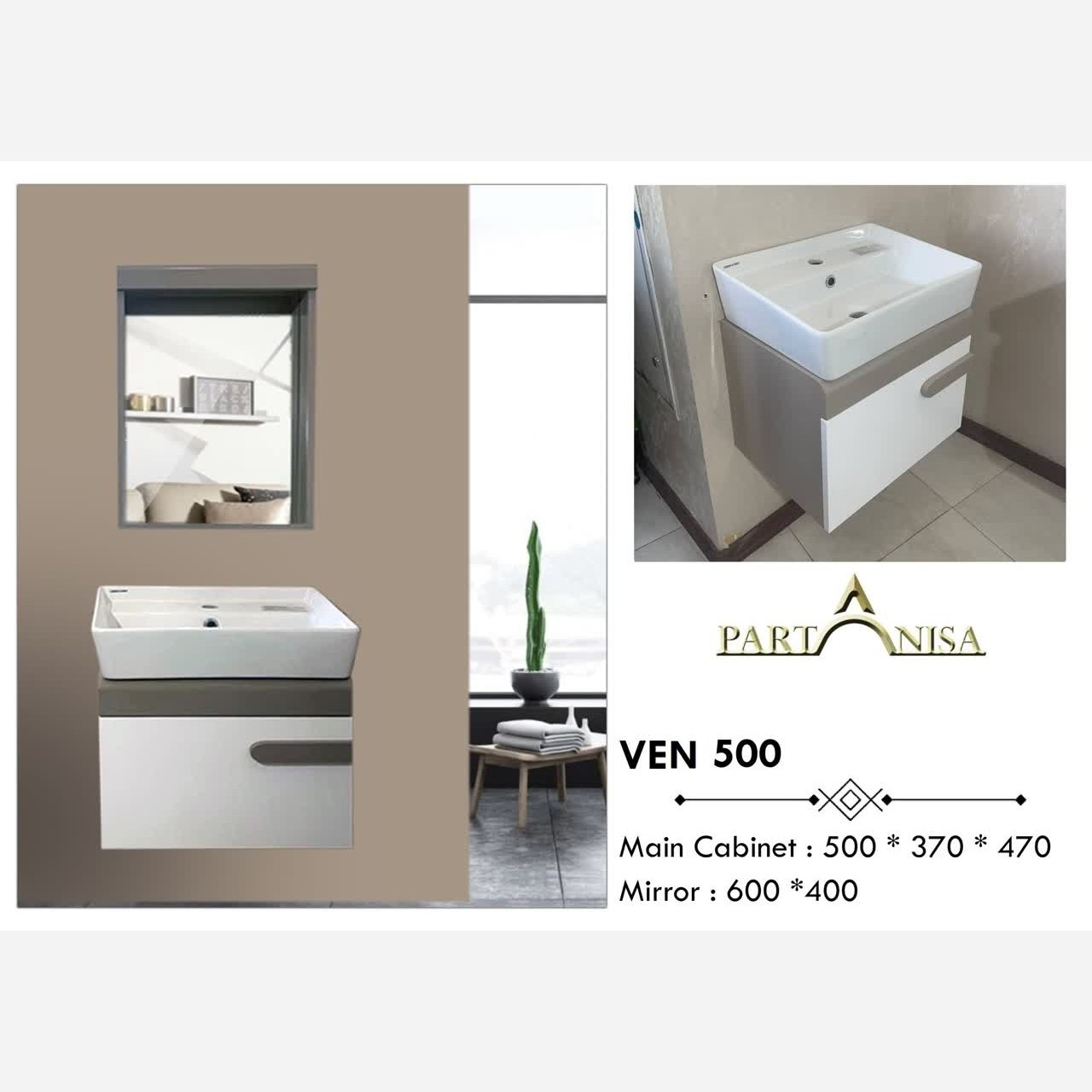 روشویی کابینتی پارتانیسا مدل ورونیا بدنه سفید درب نسکافه ای کد VEN 500